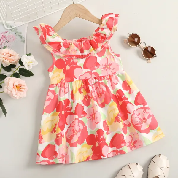 【18M-6Y】 Girls Sweet Pink Floral Print Ruffle Sleeveless Dress - Popopiearab.com 