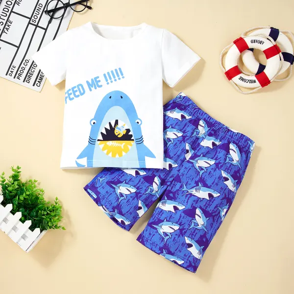 【4Y-10Y】 2-Piece Boys Casual Shark Print Short Sleeve T-Shirt And Shorts Set - Popopiearab.com 