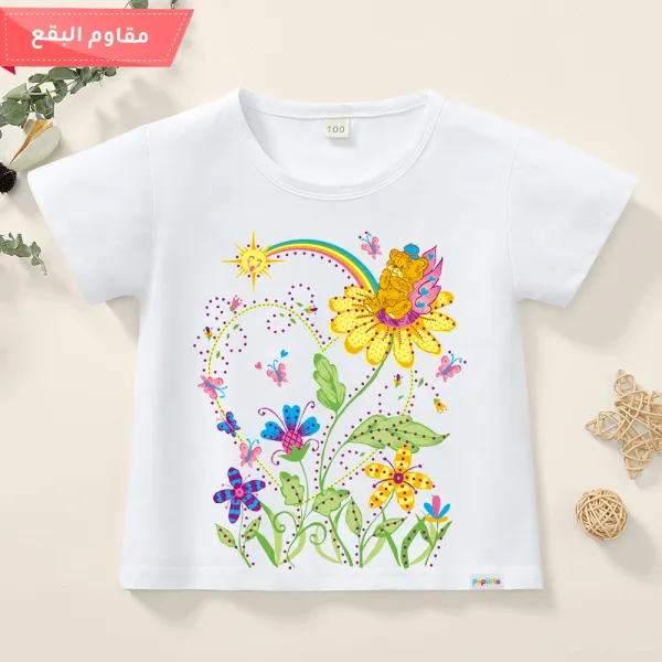 【12M-9Y】 Girl Sweet Flower Print Cotton Stain Resistant White Short Sleeve T-shirt - Popopiearab.com 