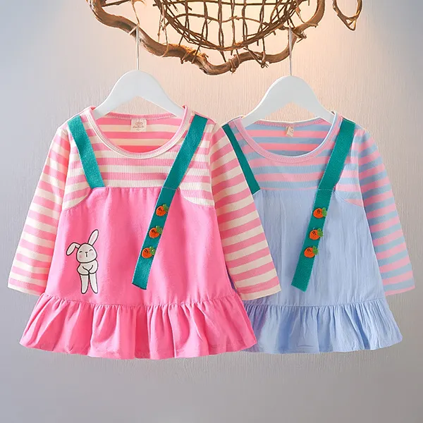 【6M-3Y】Girl Cute Stitching Stripe Fake Two Long Sleeve Dress - Popopiearab.com 