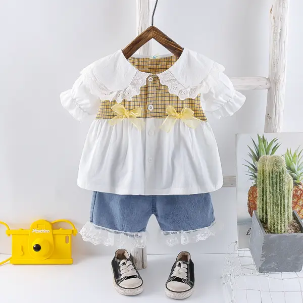 【9M-3Y】Girl 2-piece Sweet Stitching Plaid Ruffled Puff Sleeve Shirt And Shorts Set - Popopiearab.com 