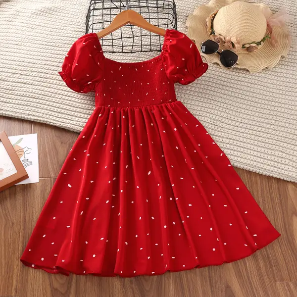 【4Y-13Y】 Girls Sweet Polka Dot Print Red Puff Sleeve Dress - Popopiearab.com 
