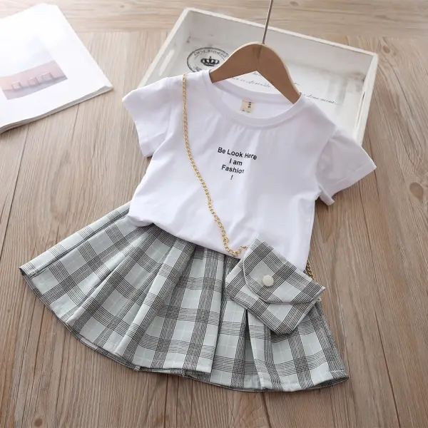 【18M-7Y】 3-Piece Girls Cute Letters Print T-Shirt And Plaid Skirt Set With Bag - Popopiearab.com 