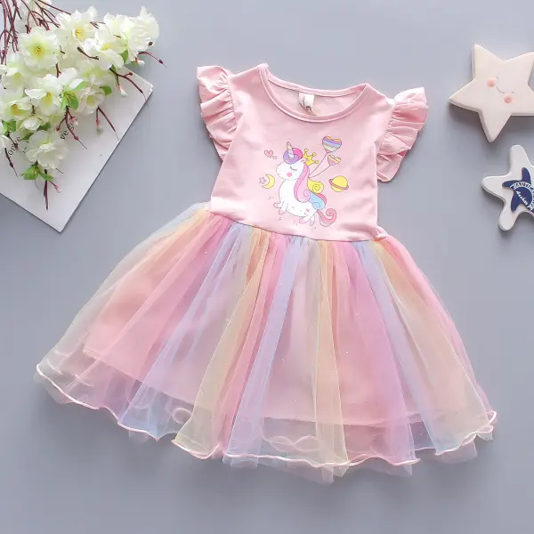 【2Y-11Y】Girl Sweet Unicorn Print Ruffled Mesh Short Sleeve Dress - Popopiearab.com 