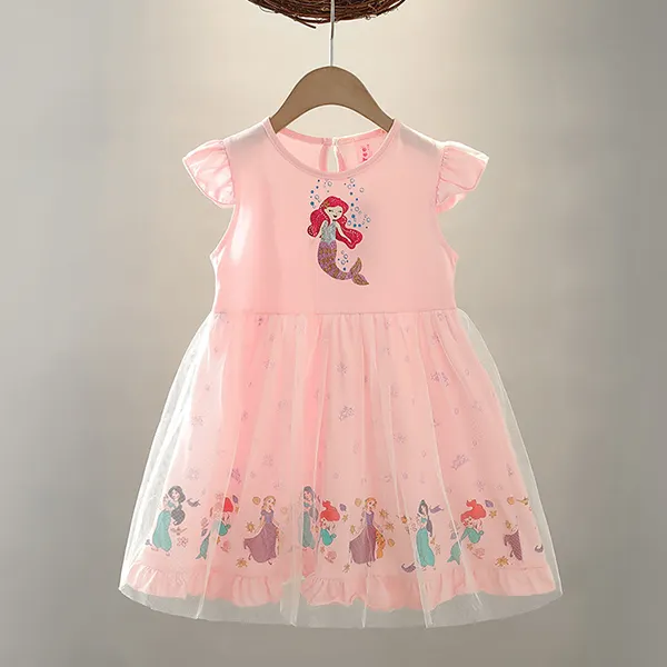 【18M-9Y】Girl Sweet Mermaid Print Ruffled Mesh Short Sleeve Dress - Popopiearab.com 