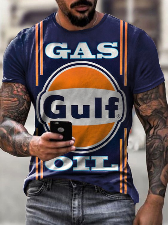 Mens Retro Moto Gulf Chic Oil Logo Printed T-shirt