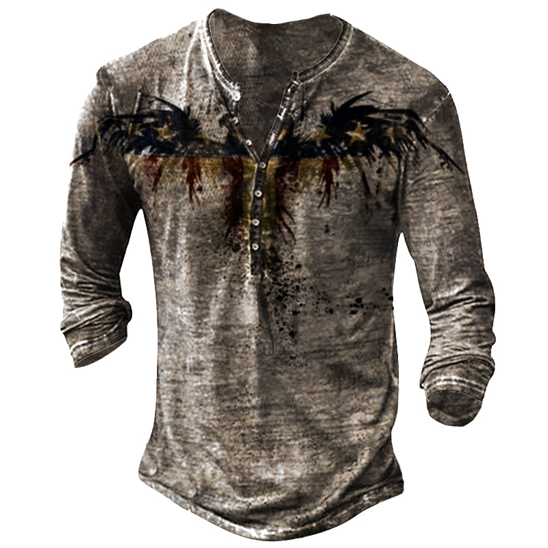 Mens Vintage Henley Button Chic Long Sleeve T-shirts