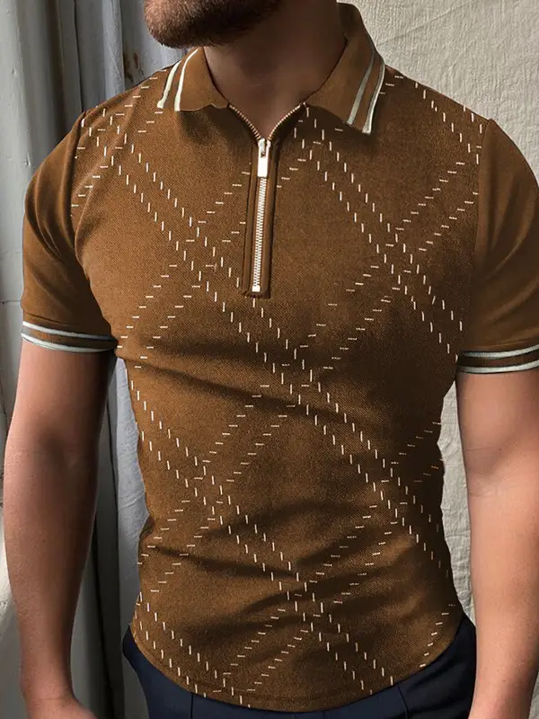 Diamond pattern zipped polo shirt - Oasisjoy.com 