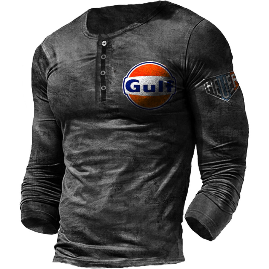 

Men's Outdoor Skull Motor Oil Vintage Henley Button