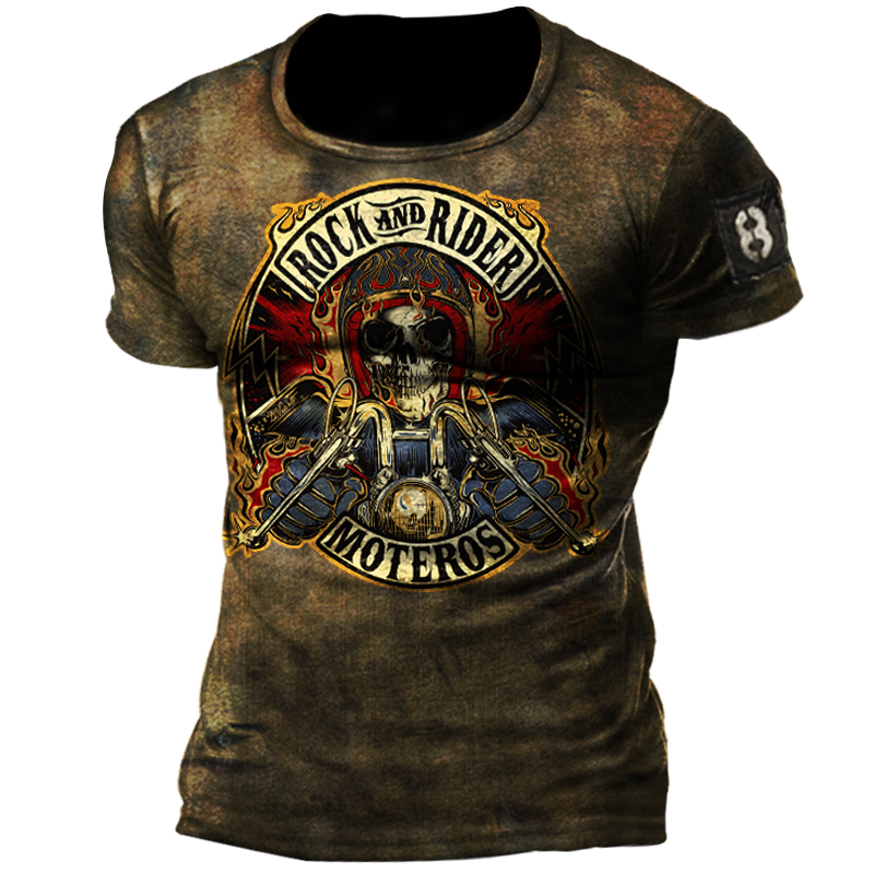 Men's Skull Motorcycle Print Slim-fit Short-Sleeve Stripe T-Shirts