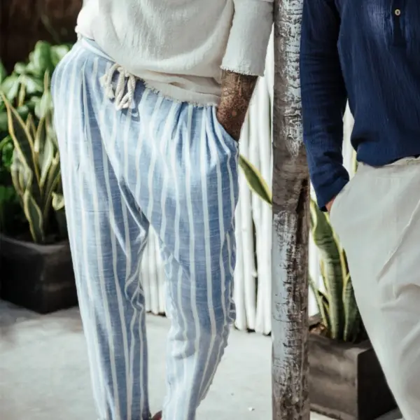 Mens Holiday Linen Navy Striped Trousers - Villagenice.com 