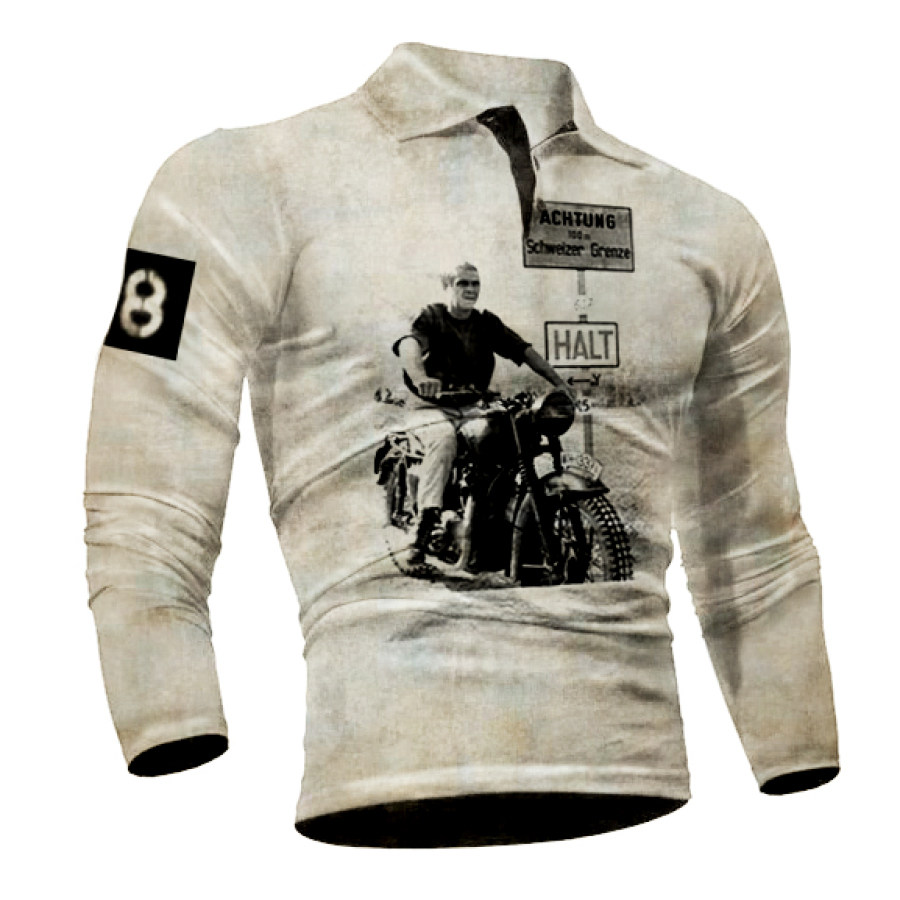 

Men's Vintage Motorcycle Print Outdoor Casual Lapel Top