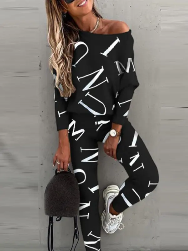 Letter Print Long Sleeve Casual Suit - Anystylish.com 
