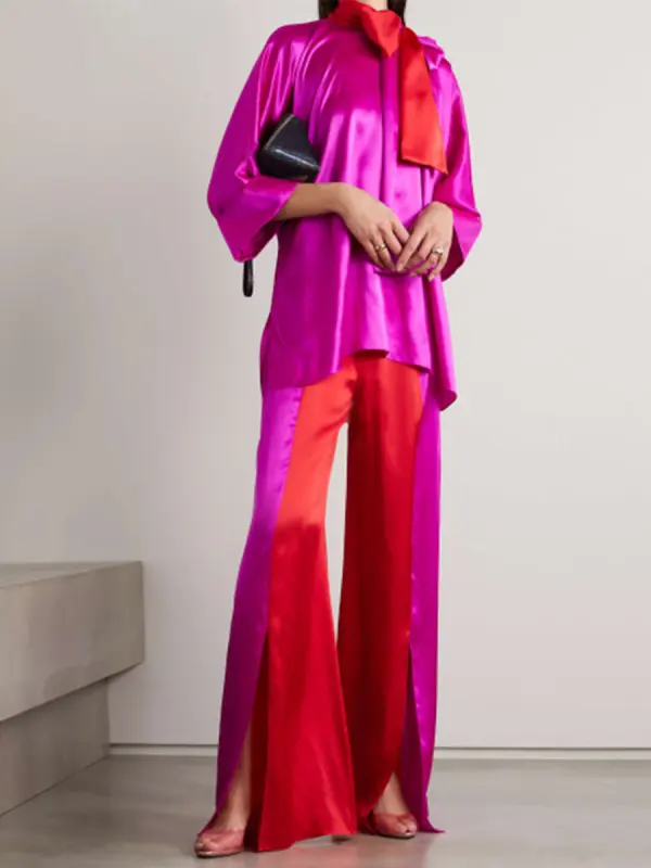 Women's Elegant Satin Colorblock Bow Loose Fit - Anystylish.com 
