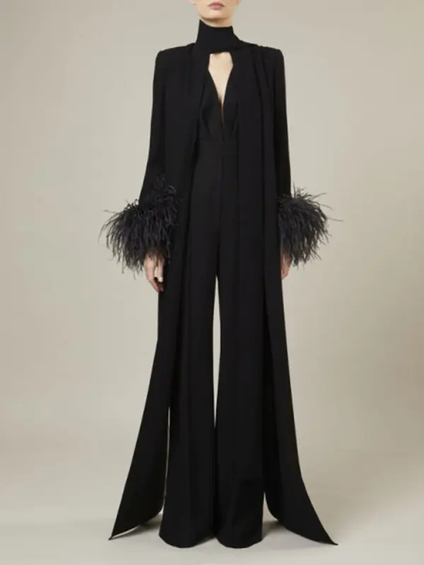 Women's Elegant Feather Embellished Streamer Jumpsuit - Anystylish.com 