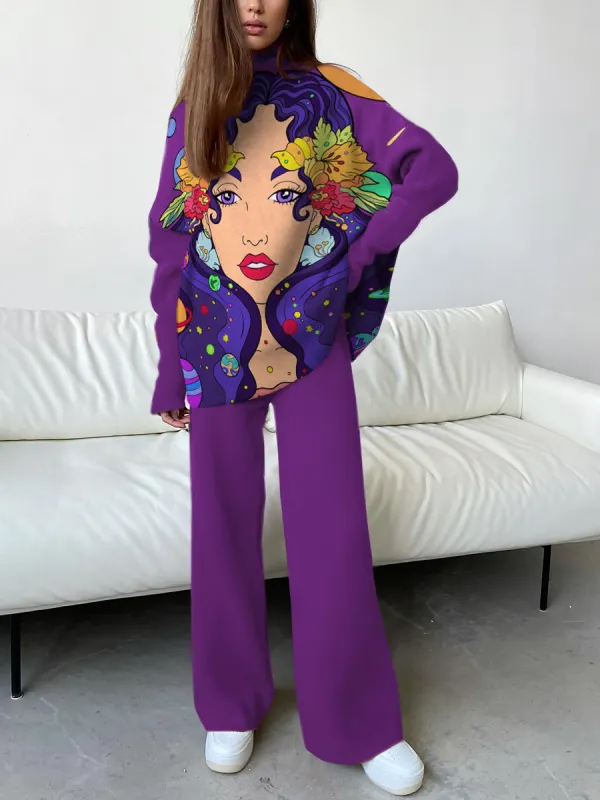 Women's Fashion Painted Face Print Drop Shoulder Doll Sleeve Straight Set - Anystylish.com 