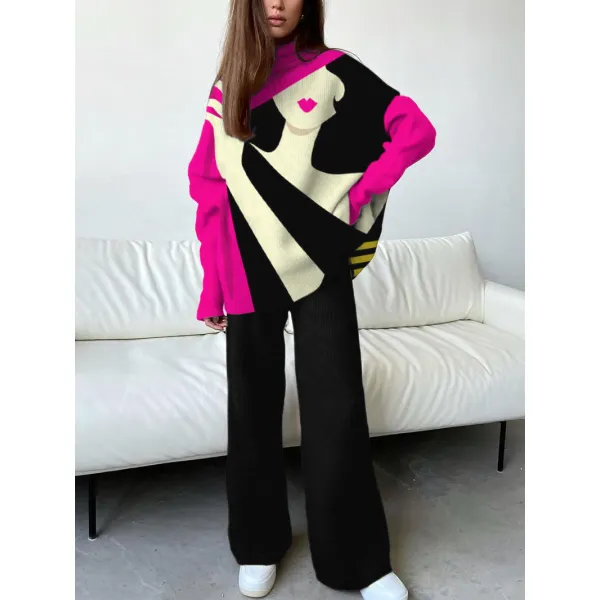Women's Fashion Elegant Abstract Humanoid Print Drop Shoulder Turtleneck Suit - Seeklit.com 