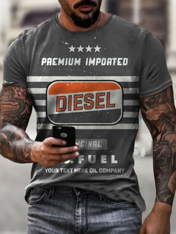 Men's Vintage Motor Diesel Oil Badge Printed T-Shirt - Oasisjoy.com 