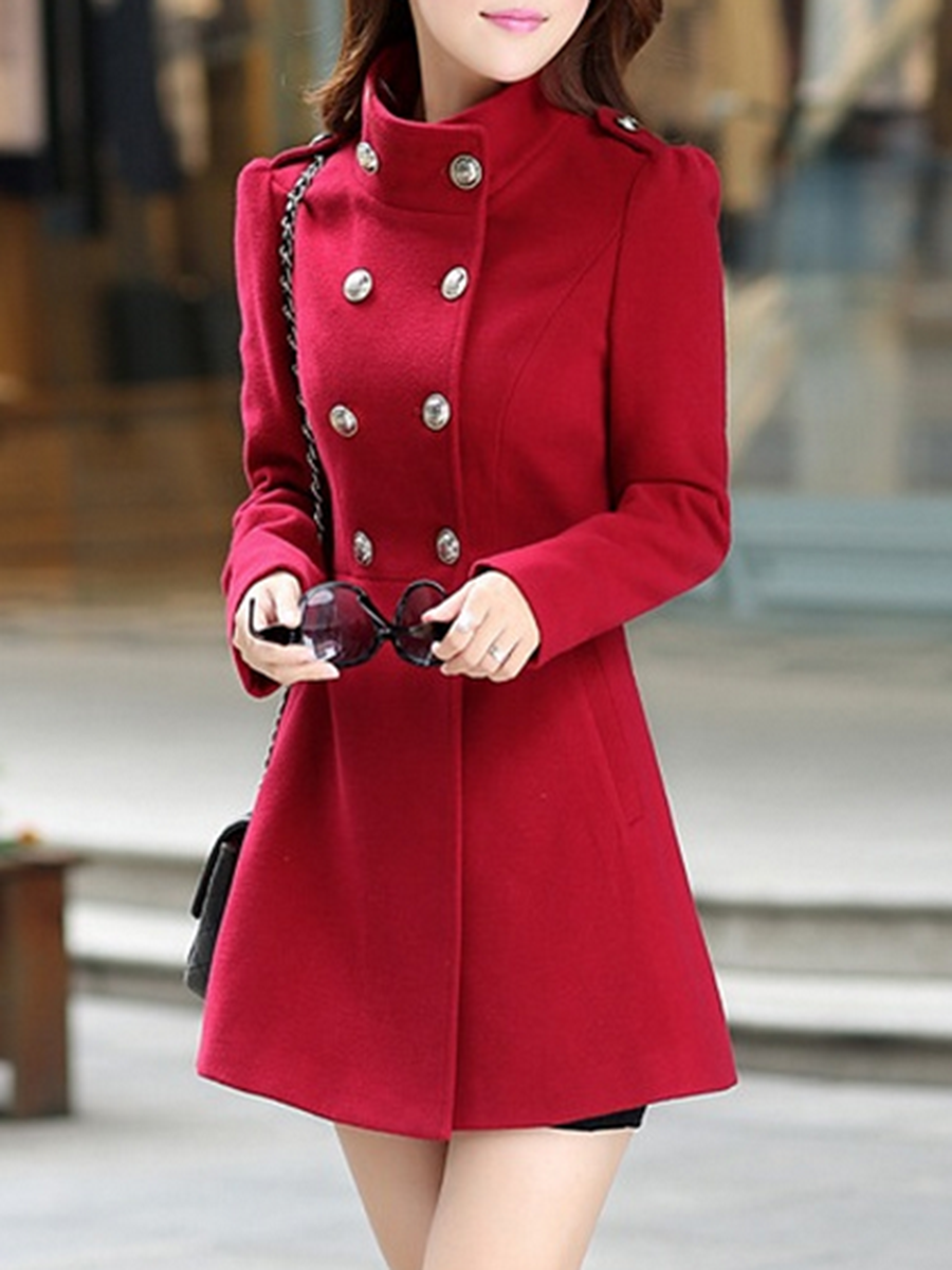 High Neck Double Breasted Pocket Woolen Plain Coat
