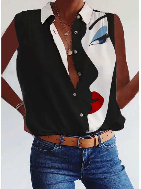Модная блузка без рукавов на пуговицах с художественным принтом - Funluc.com 