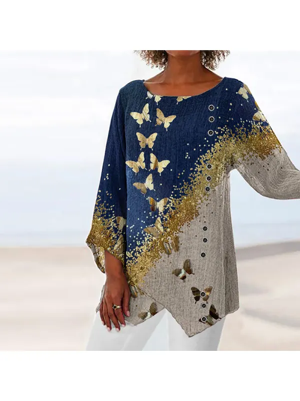 Fashion Round Neck Long Sleeve Butterfly Print Top - Godeskplus.com 