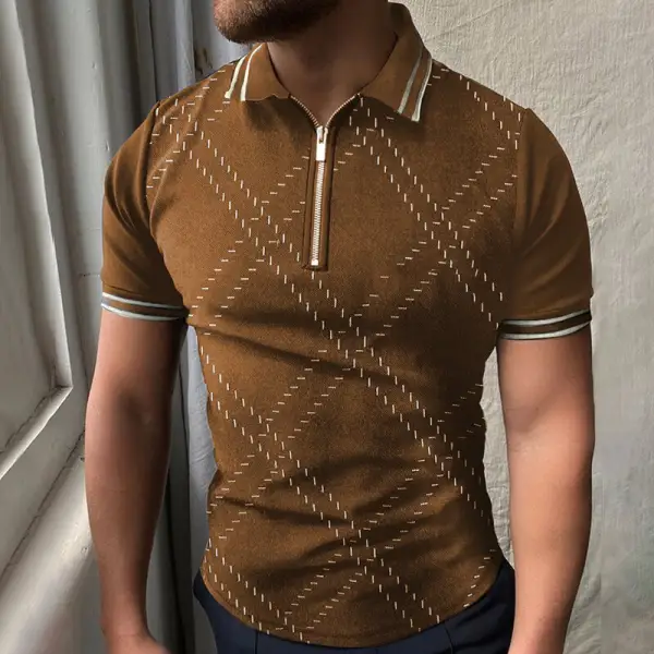 Diamond Pattern Zipped Polo Shirt - Menilyshop.com 