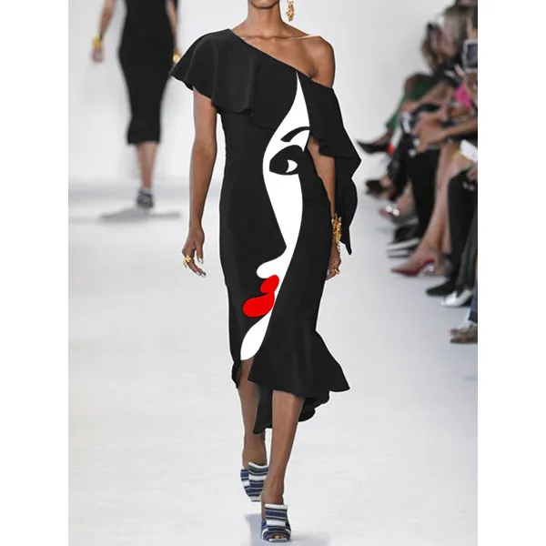 Fashion Art Print Off-shoulder Maxi Dress - Seeklit.com 