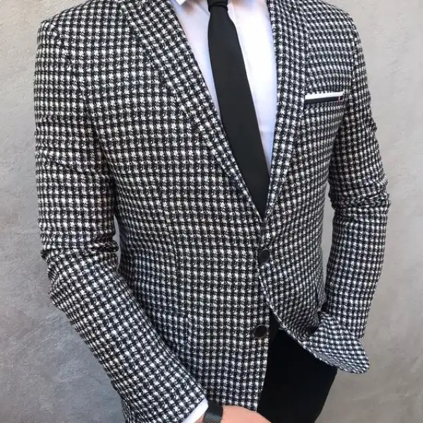 Men's Gentleman Black And White Plaid Evening Formal Suit - Fineyoyo.com 