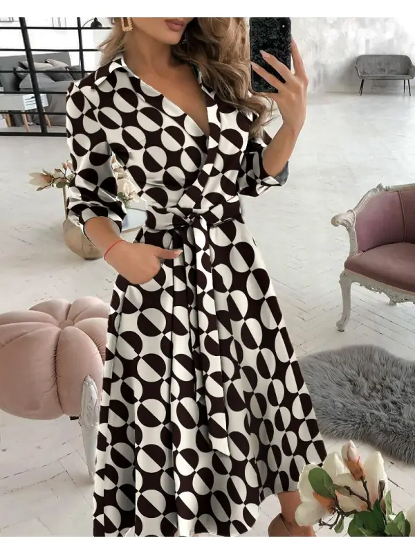 Geometric print color-blocking long-sleeved wrap dress - Anystylish.com 