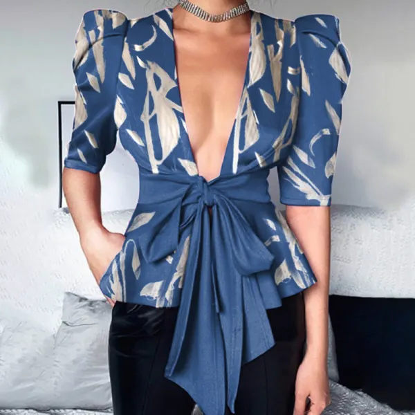 Fashionable and elegant satin full-width printed waist top - Seeklit.com 
