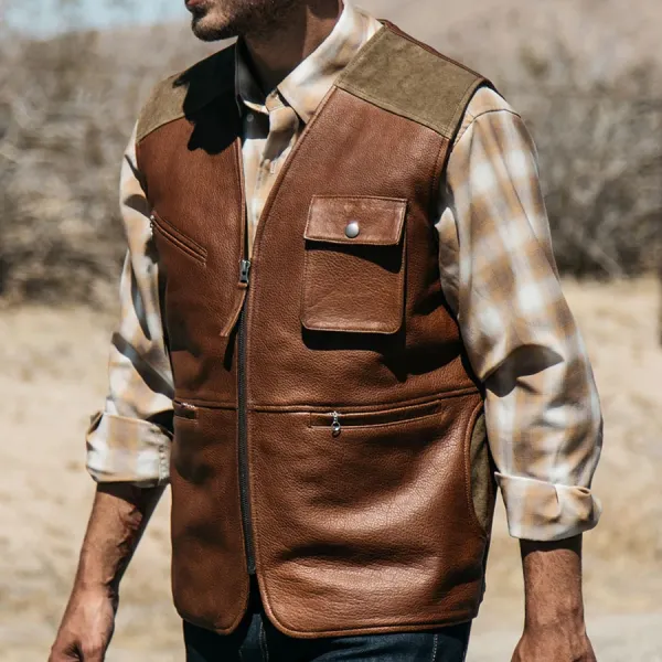 Western Denim Zip Leather Vest - Menilyshop.com