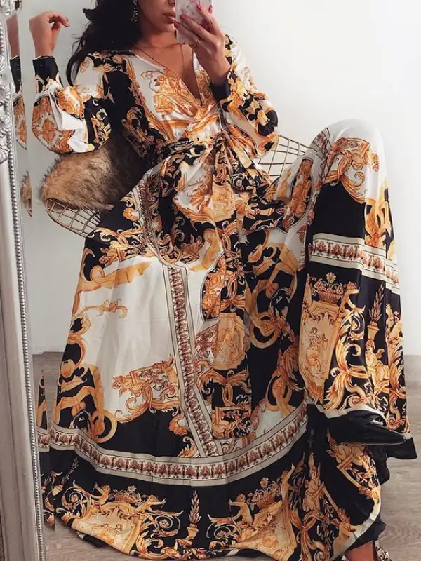 Elegant And Generous Court Print High Waist Dress - Anystylish.com 