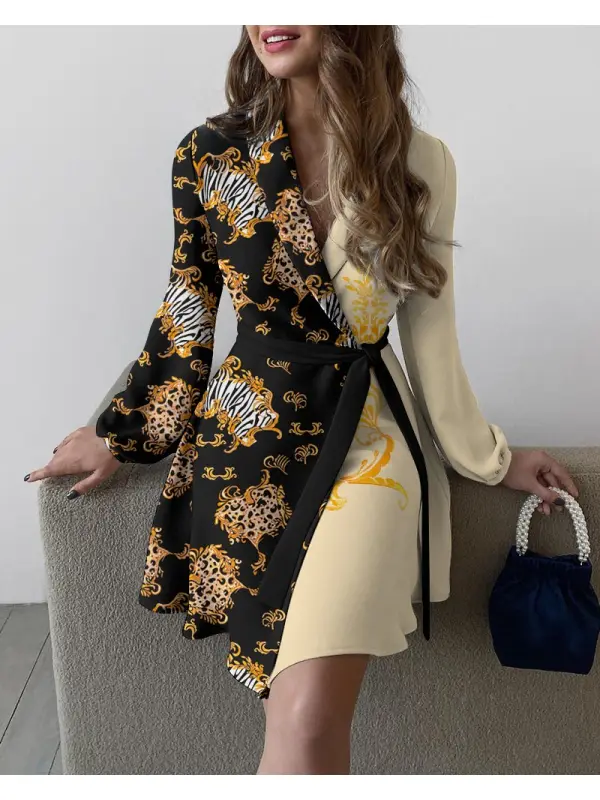 Floral Color-blocking Layered Collar Long-sleeved Tunic Dress For Women - Anystylish.com 