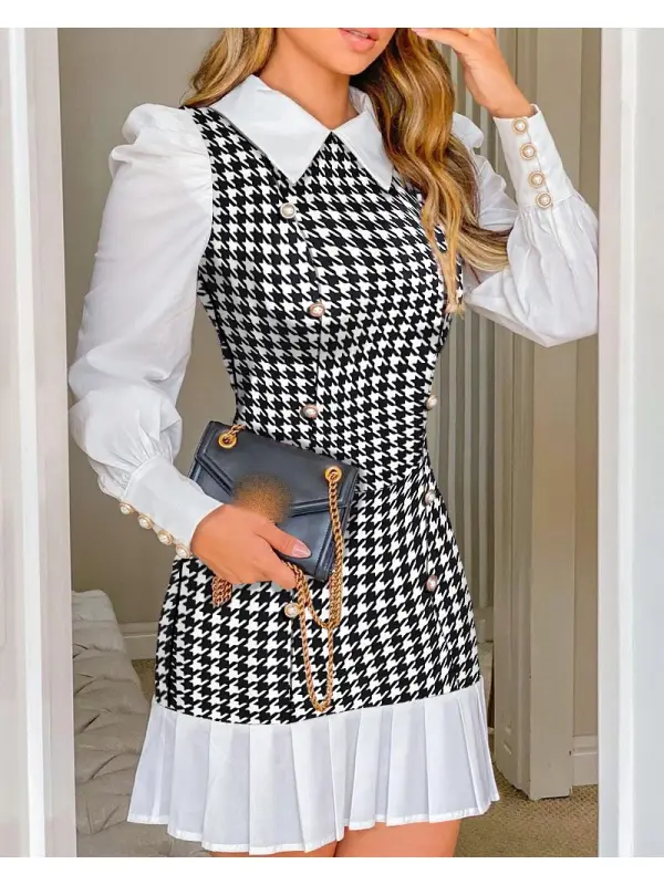 Houndstooth Button Embellished Puff Sleeve Ruffled Hem Dress - Anystylish.com 