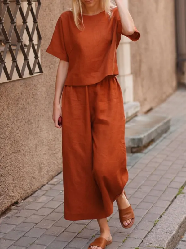 Ladies Round Neck Casual Loose Solid Color Two-piece Suit - Anystylish.com 