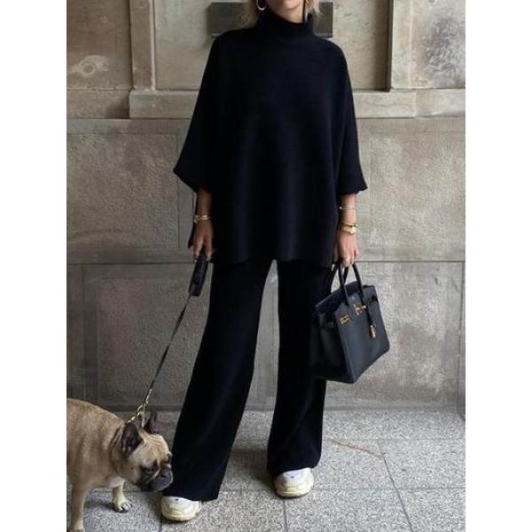 Classic All-match Half High Neck Wool Knit Black Suit - Anystylish.com 