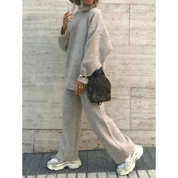 Fashion Casual Floral Gray High Neck Wool Knit Suit - Seeklit.com 