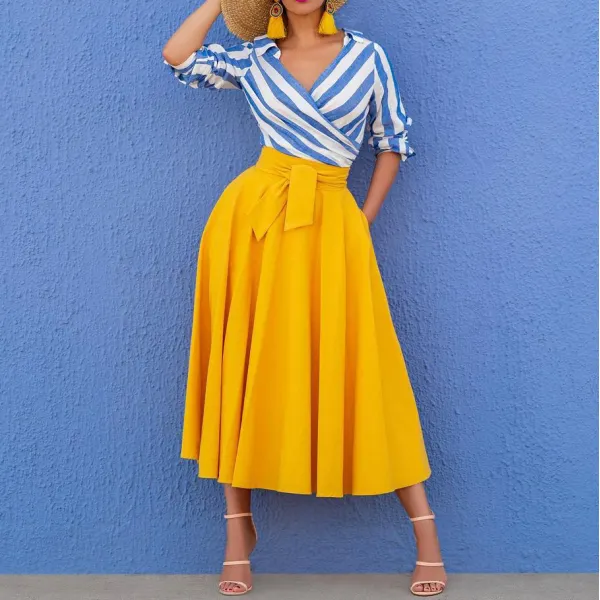 Two-piece Suit With Elegant Striped Top And Solid Skirt - Seeklit.com 