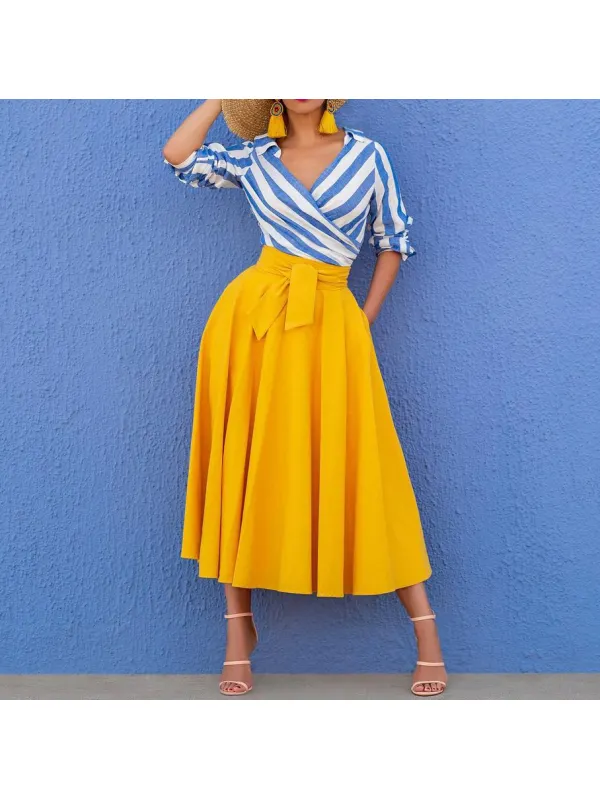 Two-piece Suit With Elegant Striped Top And Solid Skirt - Anystylish.com 