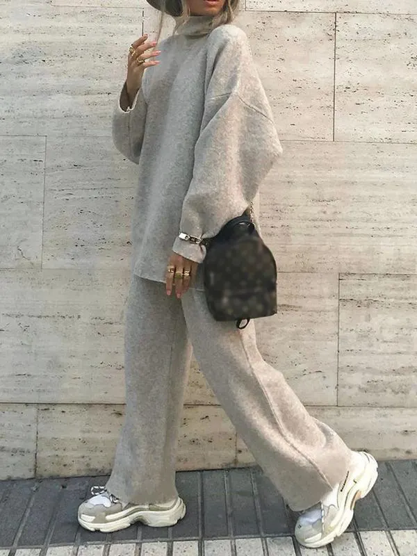 Fashion Casual Floral Gray High Neck Wool Knit Suit - Ininrubyclub.com 