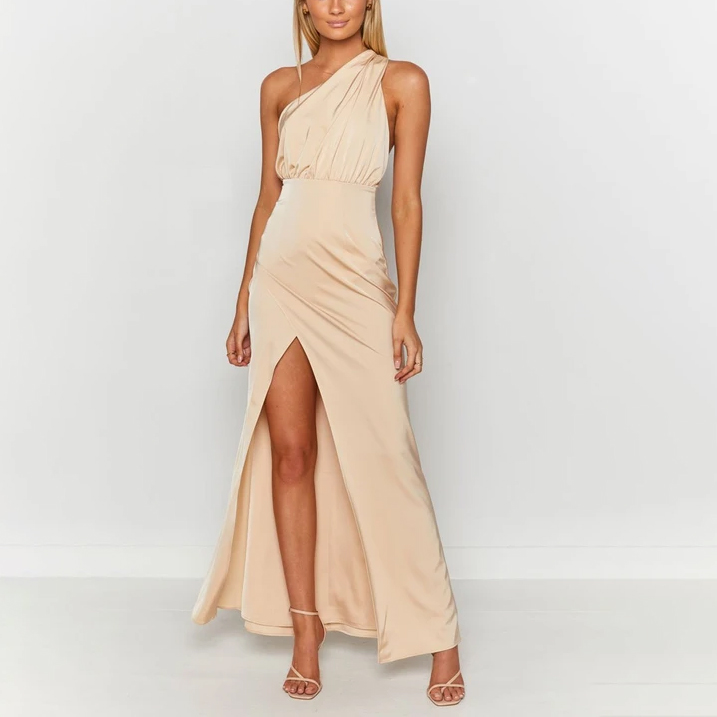 One shoulder Sexy Tight fitting Slit Satin Twisted Ladies Dress