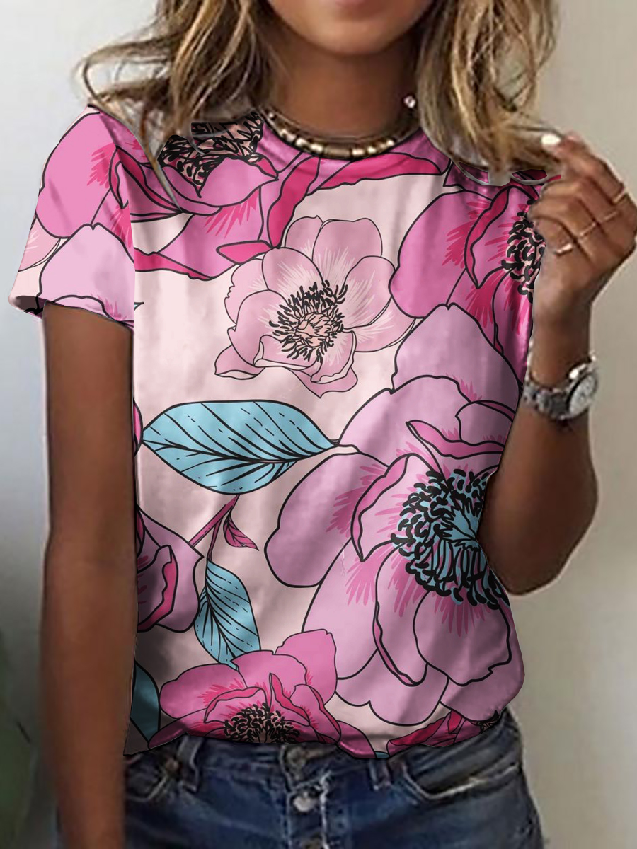 Casual Floral Print Short Sleeved T Shirt