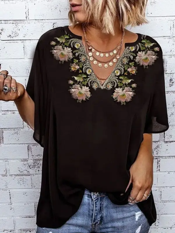 V-neck Printed Loose Short-sleeved T-shirt - Oasisjoy.com 