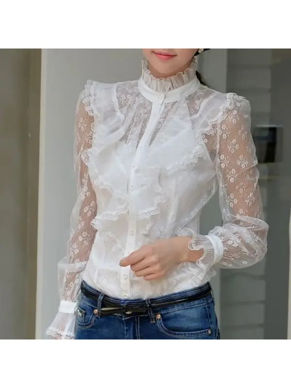 Women's Solid Color Jacquard Lace Ruffle Design Shirt - Minicousa.com 
