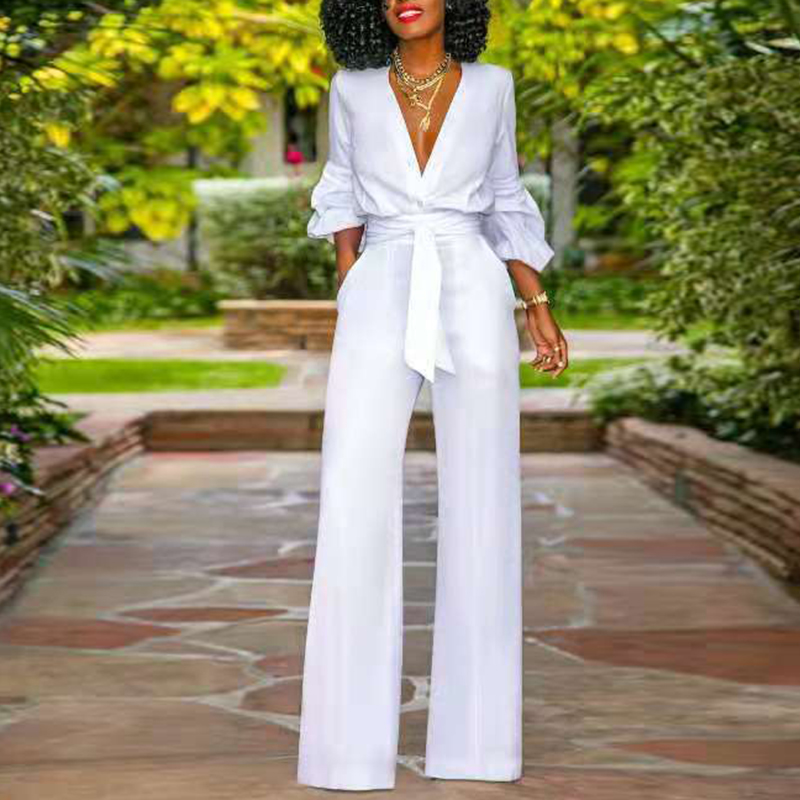 Fashion V neck Solid Color Jumpsuit