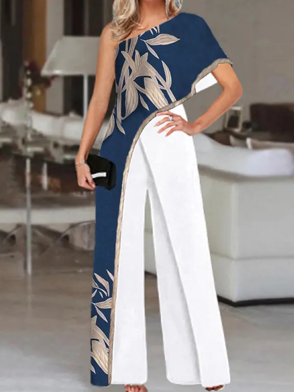 Fashion Leaf Print Off-Shoulder Jumpsuit Damen - Funluc.com 