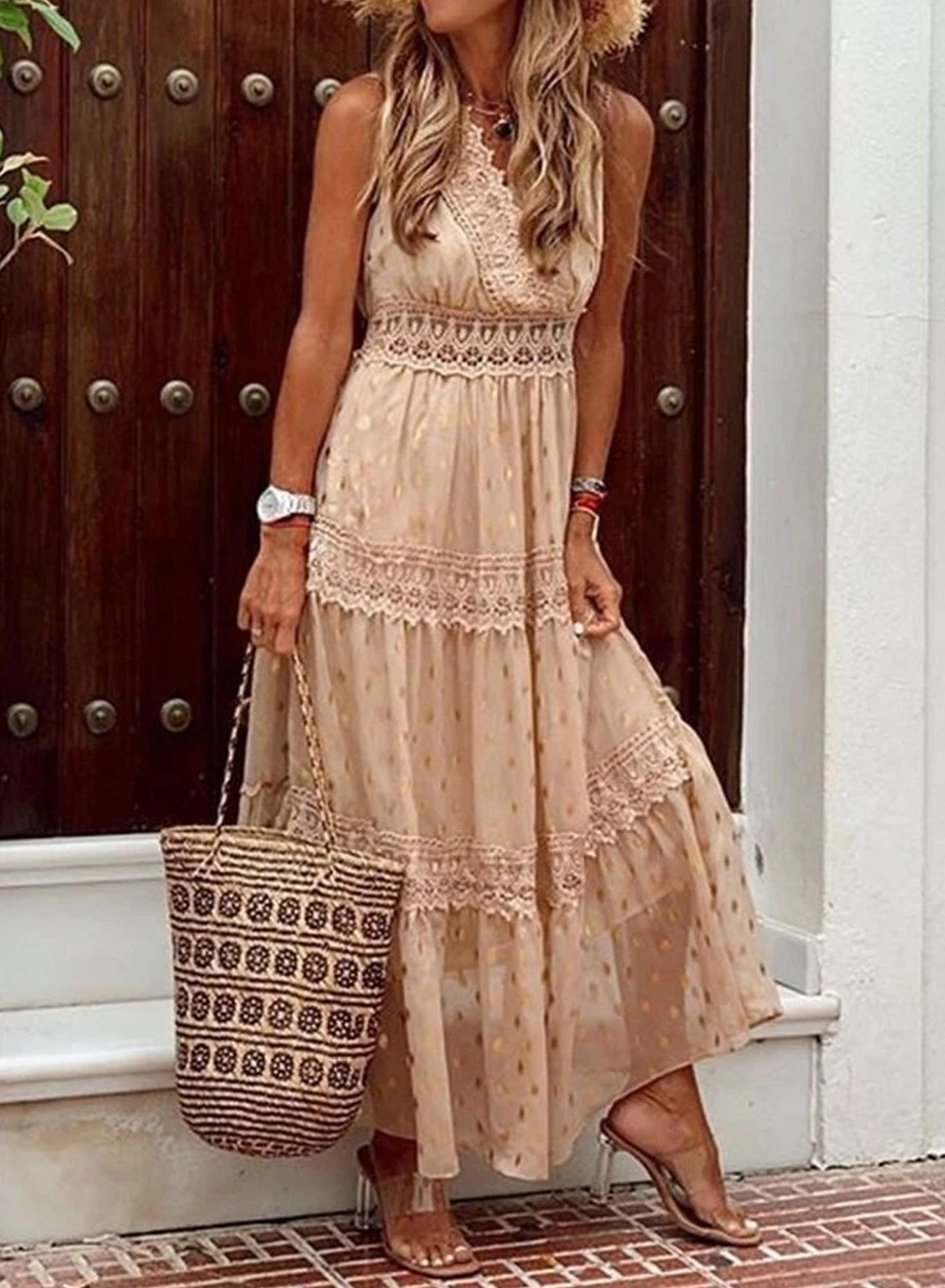 Fashion Lace Trim Sleeveless Empire Waist Maxi Dress