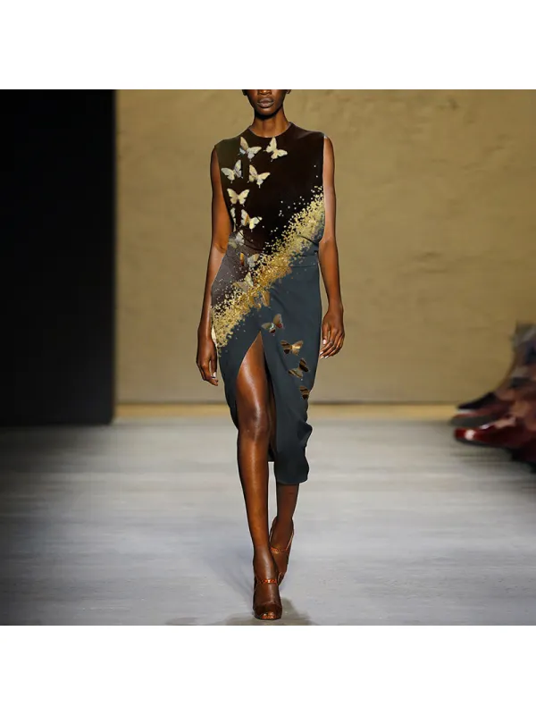 Fashion Round Neck Sleeveless Butterfly Slit Dress - Machoup.com 