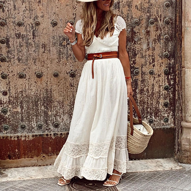 Fashion Vneck Stitching Lace Dress