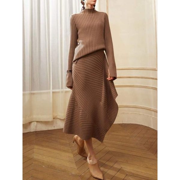 Women's Elegant Striped Cross Design Half Skirt Knit Suit - Anystylish.com 